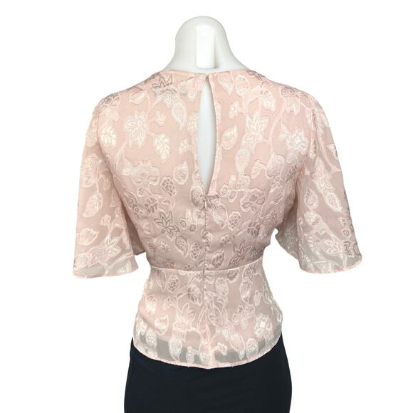 Express Pink Floral Cinched Waist Flutter Sleeve Keyhole Back Peplum Blouse Sz M - Picture 3 of 6